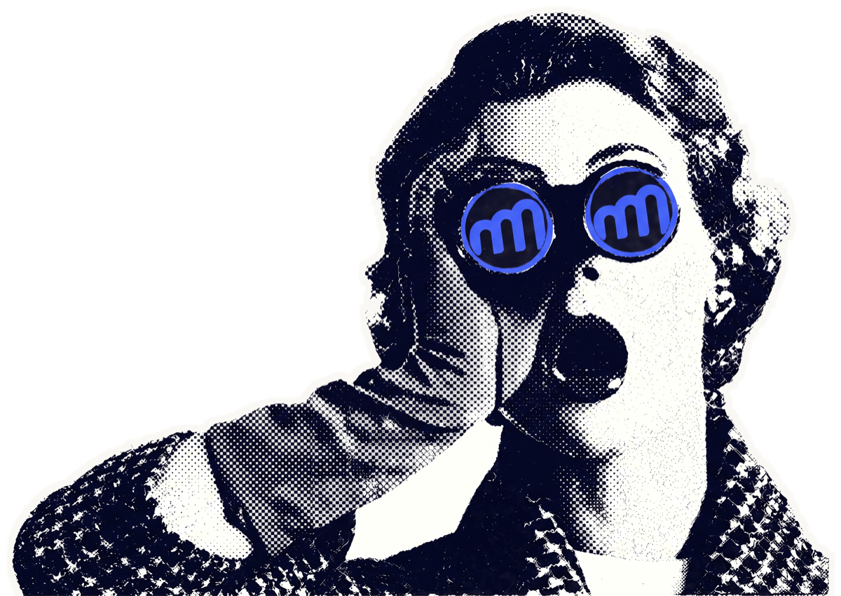 Halftone illustration of a woman looking through binoculars with the Melenberg brandmark in each lens