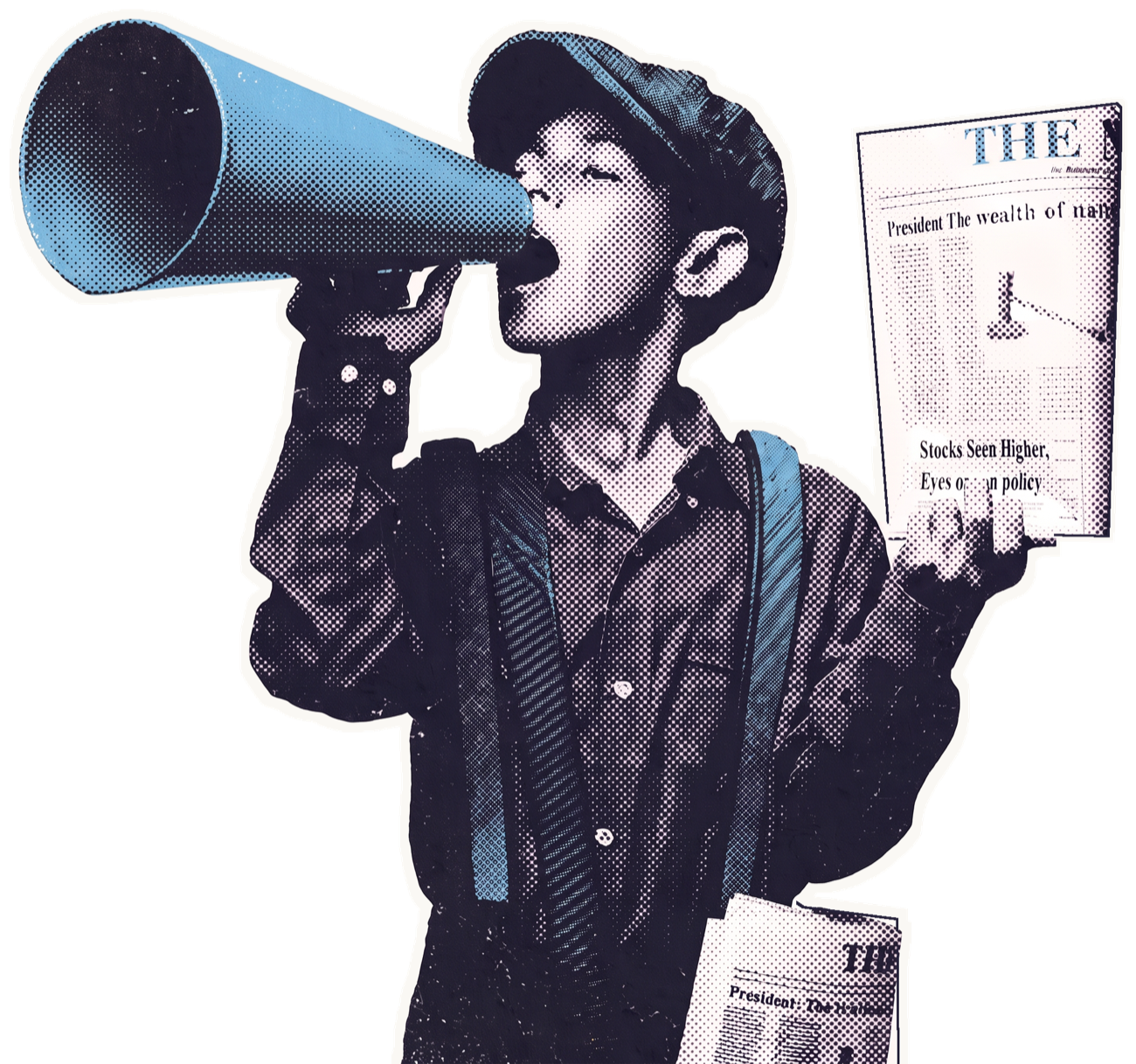 Halftone illustration of a newsboy shouting through a megaphone while holding a newspaper