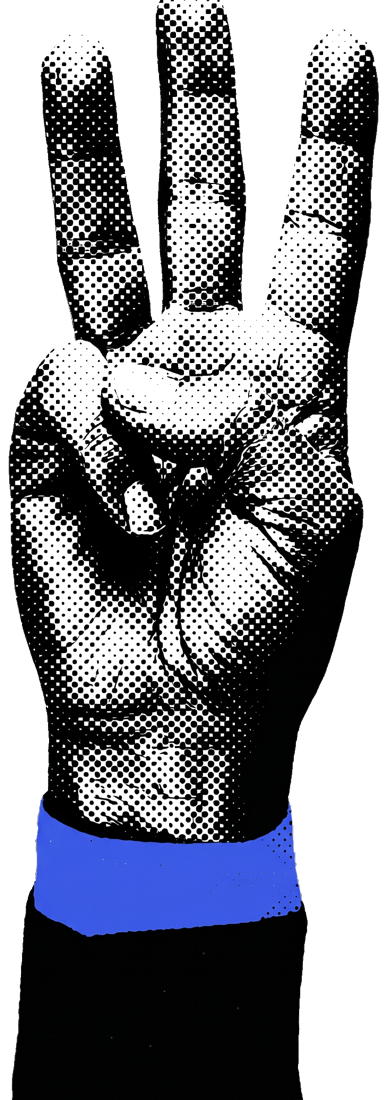 Halftone illustration of a hand holding up three fingers