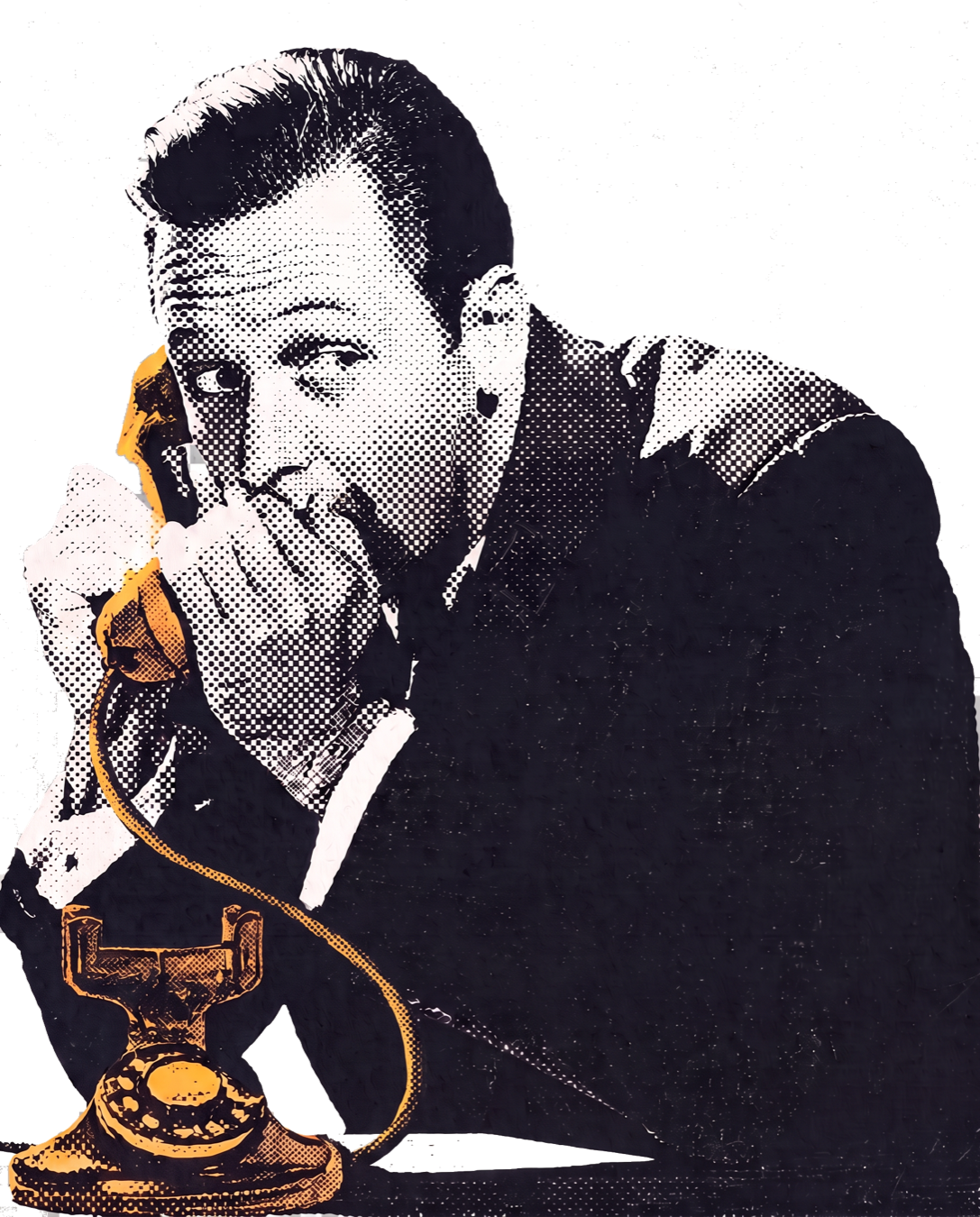 Halftone illustration of a man on a vintage telephone, covering his mouth as if sharing a secret