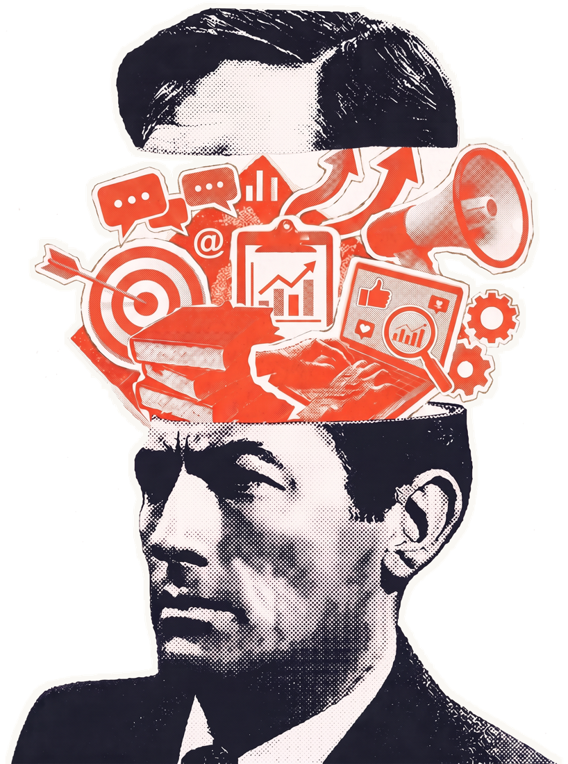 Halftone illustration of a man with the top of his head lifted off, revealing marketing icons: charts, a target, a megaphone and speech bubbles